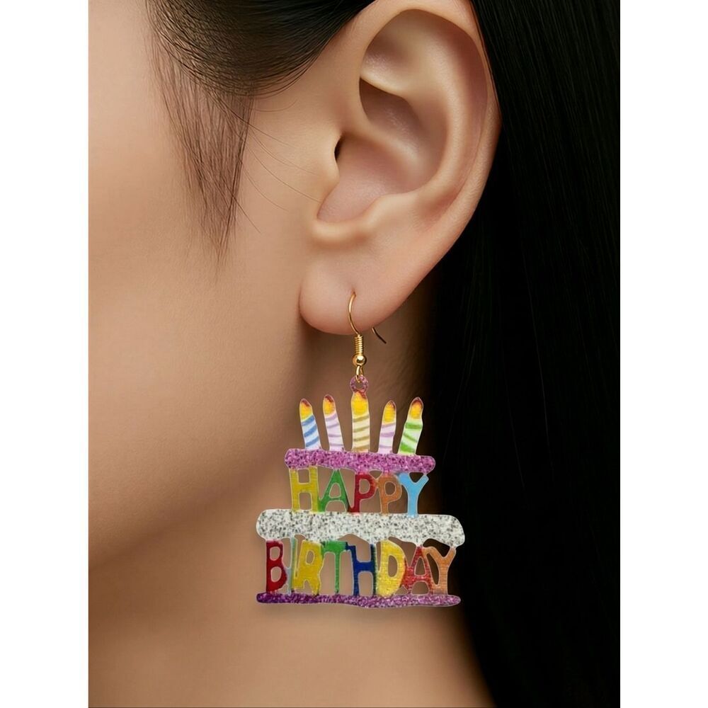 Happy Birthday Earrings Cake Candles Acrylic Dangle Pierced Ears Jewelry Party